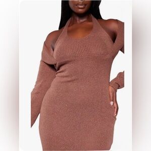 PrettyLittleThing chocolate knitted halter neck, midi sweater dress
